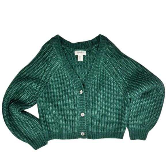 Jessica Simpson Emerald Green Knit Cardigan Jeweled Buttons V-Neckline Size M - Picture 1 of 13